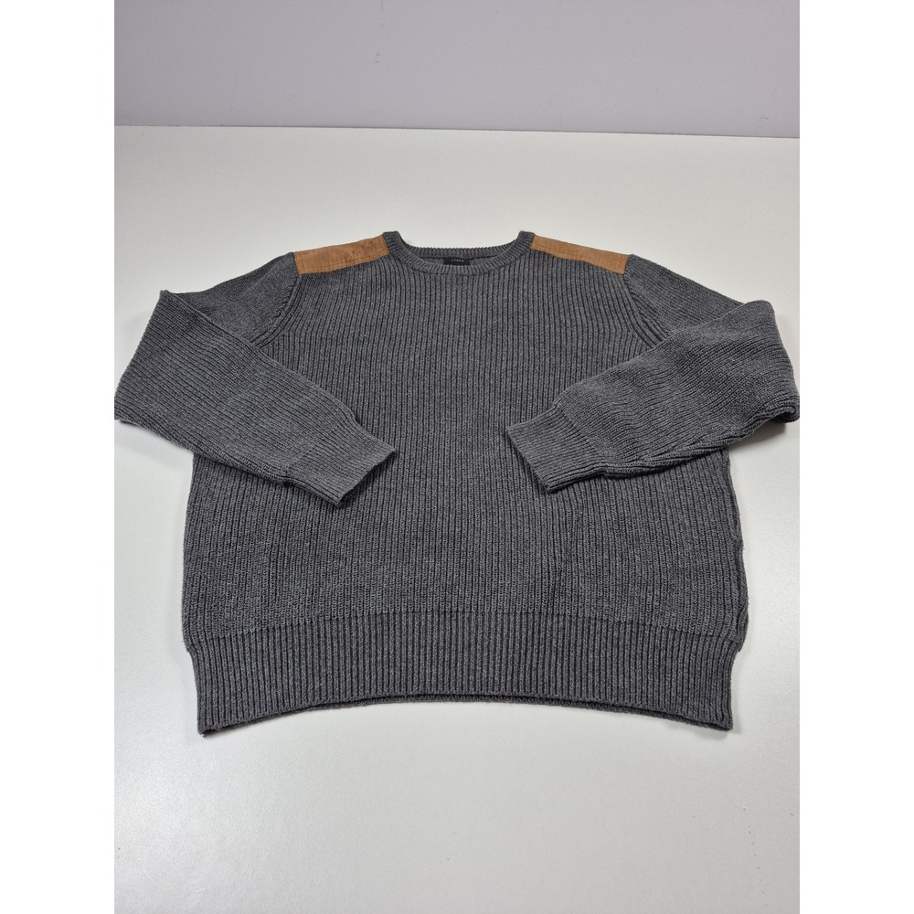 J Crew Sweater Mens XL Gray Cotton Leather Shoulder Patch Crewneck Pullover Knit